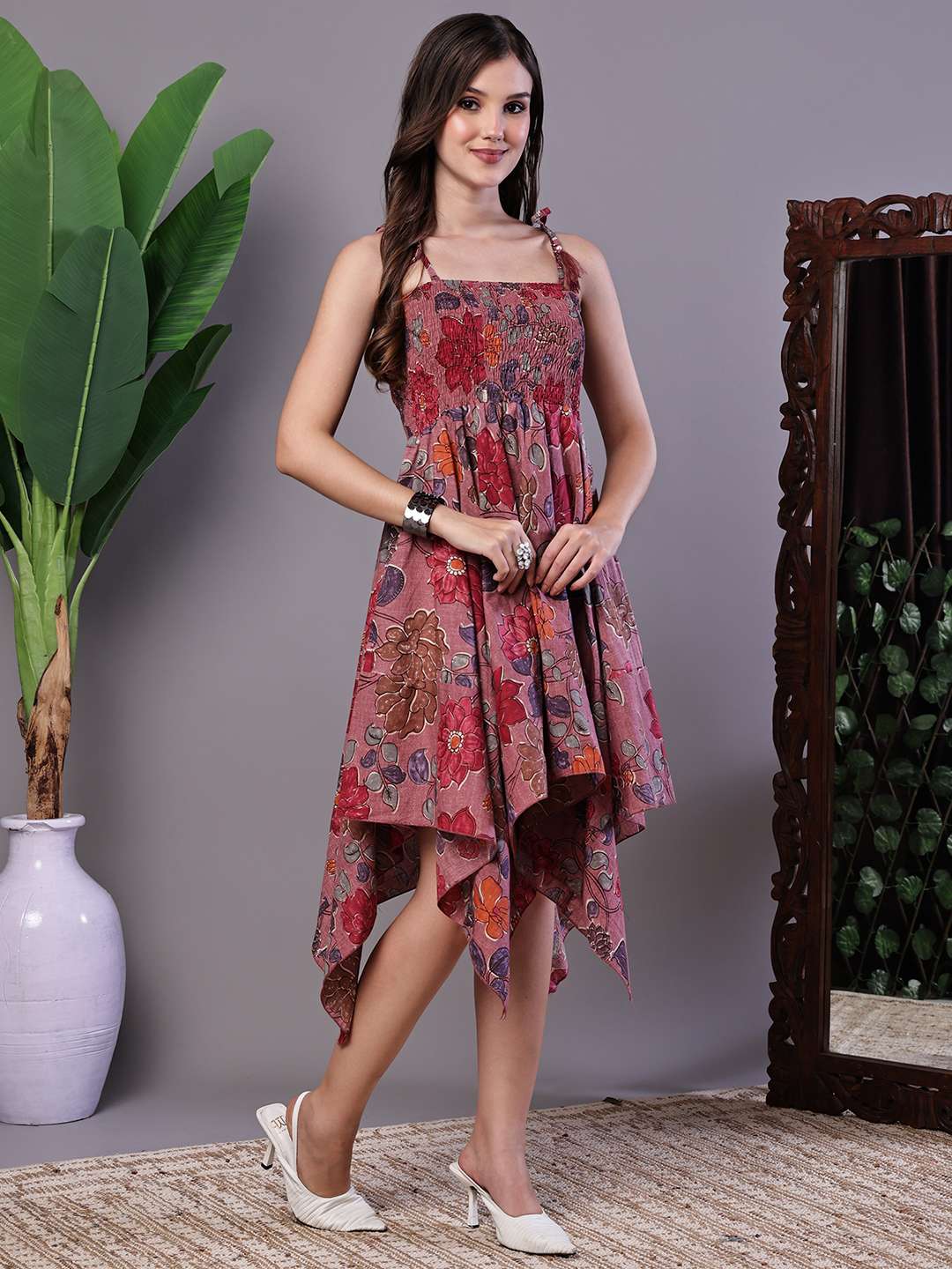Women's Maroon Floral Printed Cotton Handkerchief Hem Midi Dress - Image 4