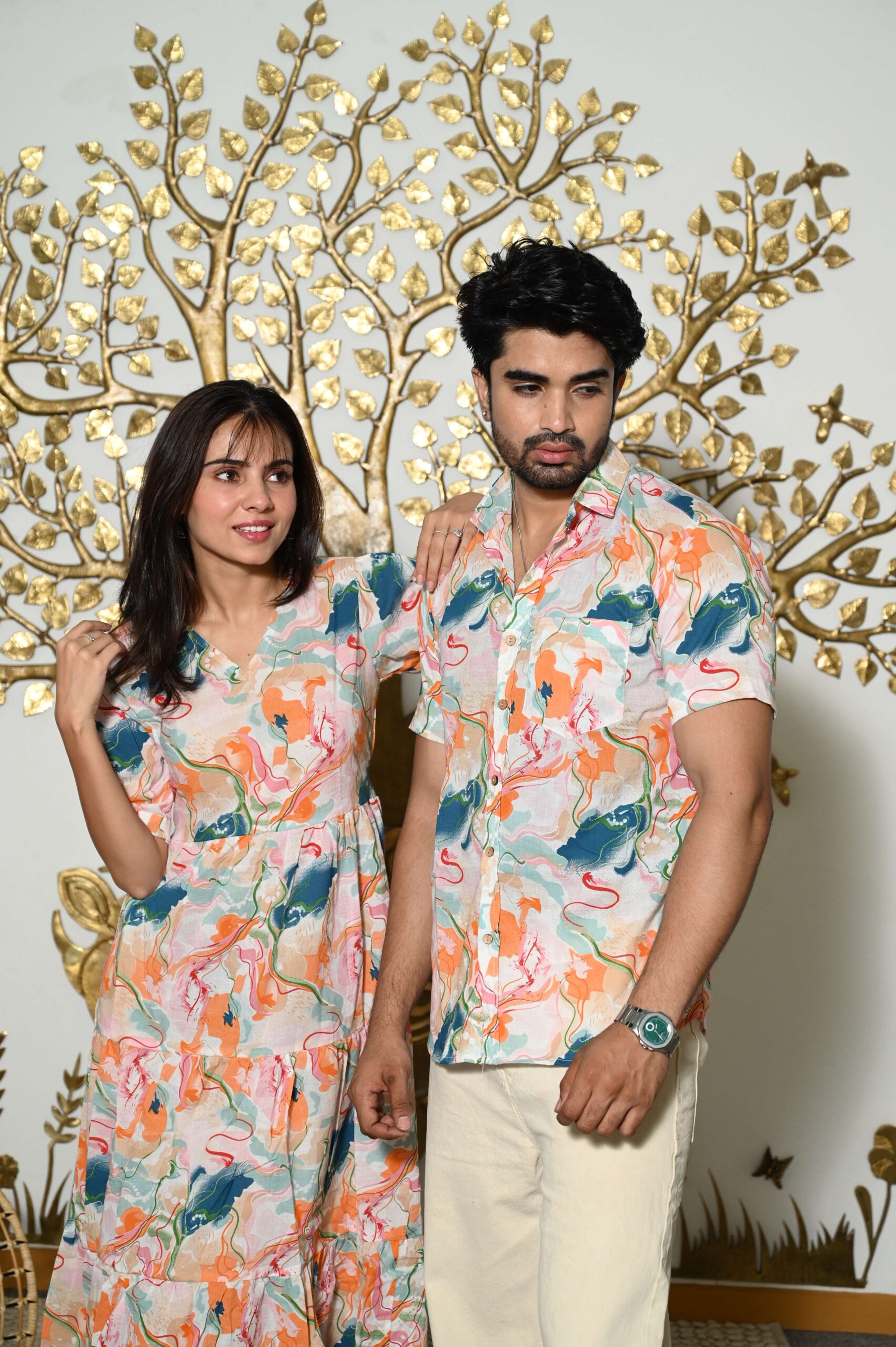 Couple Matching Abstract Print Cotton Anarkali Midi Dress & Shirt Set ? Multicolor Summer Outfit - Image 4